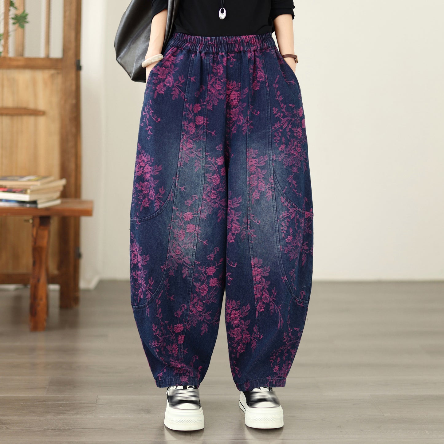 Vintage Print Denim Jeans for Women - High-Waisted, Loose-Fit Harem Pants