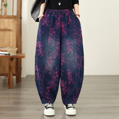 Vintage Print Denim Jeans for Women - High-Waisted, Loose-Fit Harem Pants