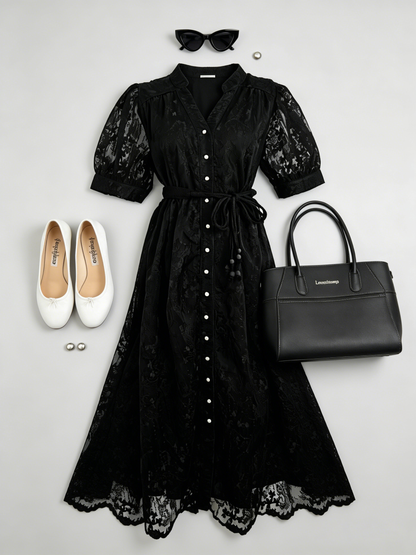 Black Embroidered Mesh Button Front Midi Dress - LAI MENG FIVE CATS