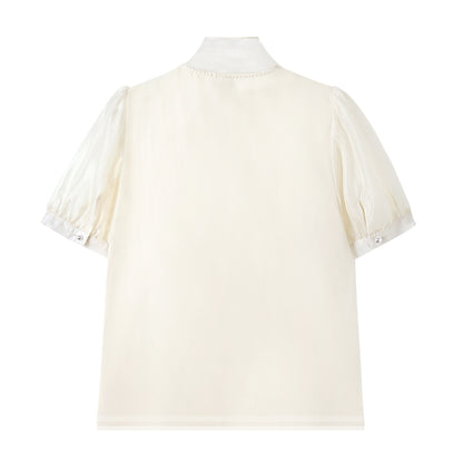 Elegant Bow Tie Pearl Accent Blouse