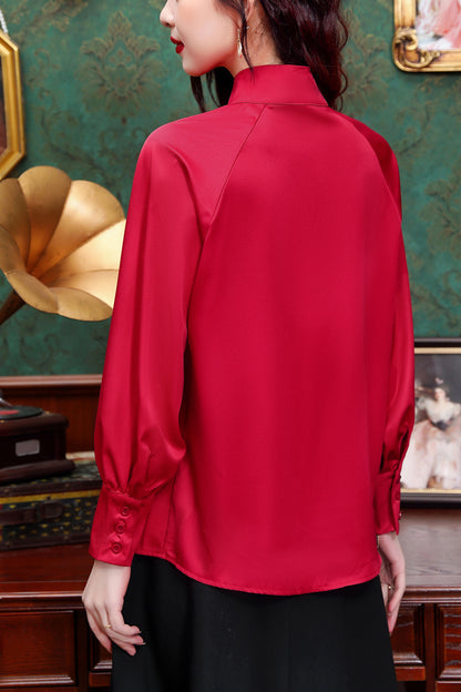 Women's Silk Satin Jacquard Long Sleeve Blouses