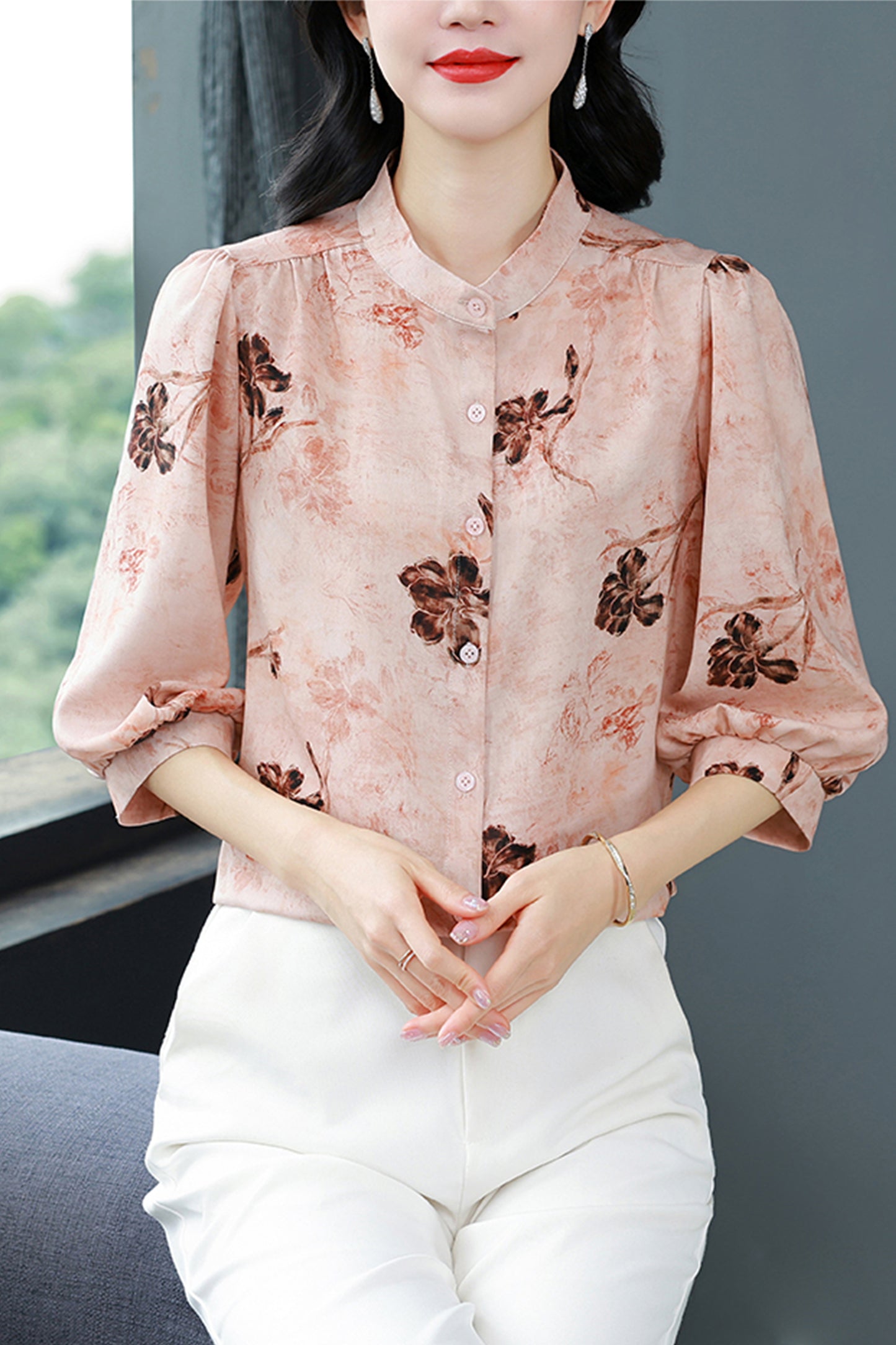 Women's Chinese Style Silk Satin  Button Jacquard Blouse