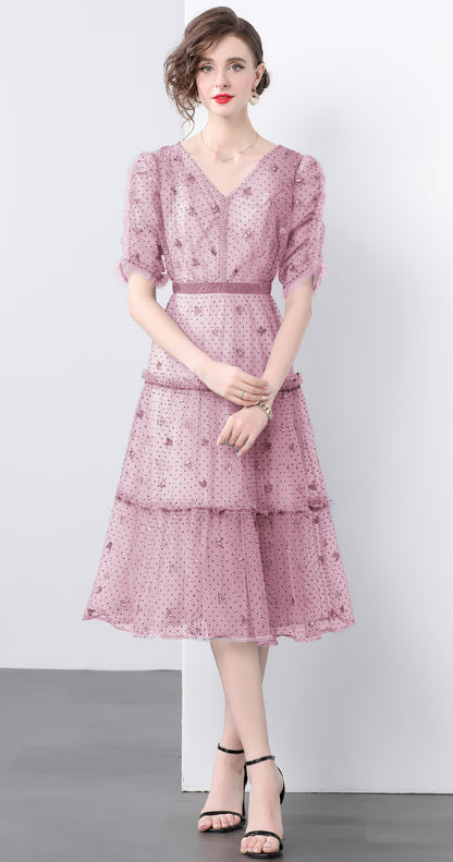 Pink Butterfly Embroidered Midi Dress – Romantic Tiered Tulle Dress