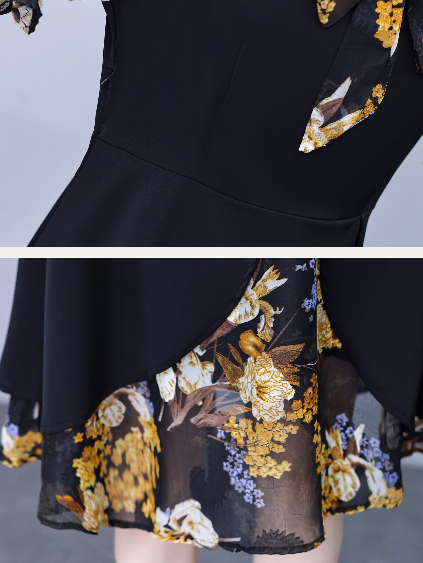 Floral Short-sleeved Tie Neck Midi Dress – Navy Blue