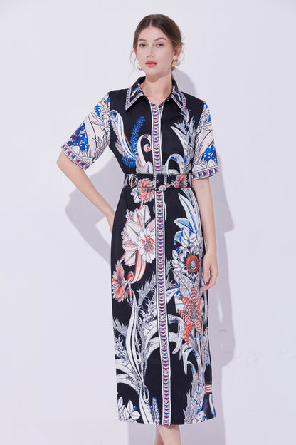 FSY-Women's Short Sleeve Collar Button Floral Midi Dress