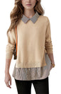 Women's Patchwork Shirt Collar Cotton  Knit Pullover Tops