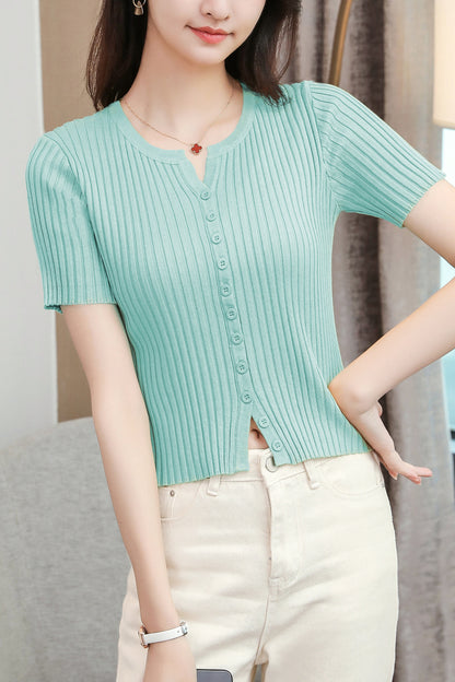 Women's V-Neck Knitted Thin Tops Ribbed Shirt