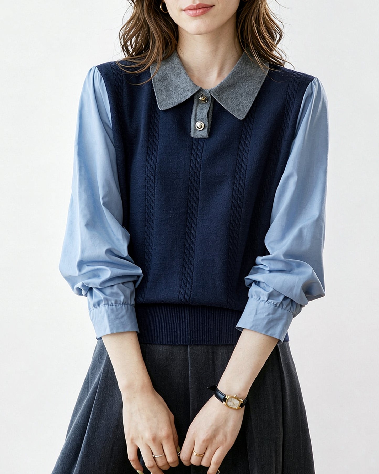 Color Block Cable Knit Polo Top – Faux Two-Piece Sweater Shirt