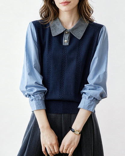 Color Block Cable Knit Polo Top – Faux Two-Piece Sweater Shirt