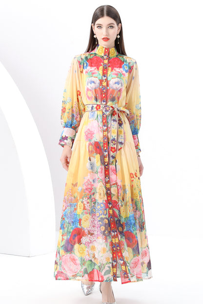 Women's Vintage Floral Print Split Flowy Maxi Dress