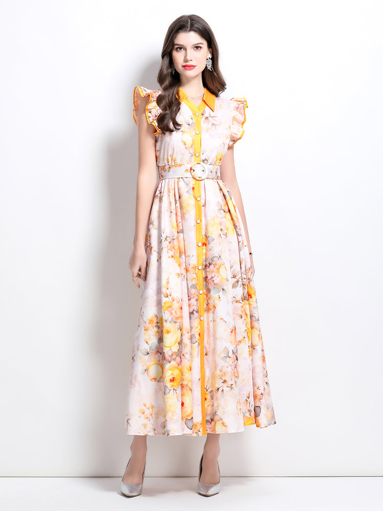 BK-Floral V Neck Sleeveless Ruffles Maxi Dresses