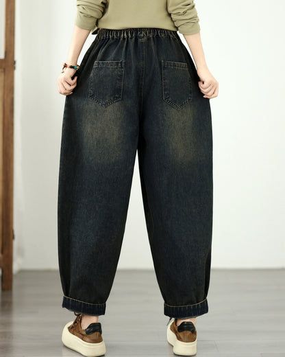 Vintage Denim Harem Pants with Fish Embroidery