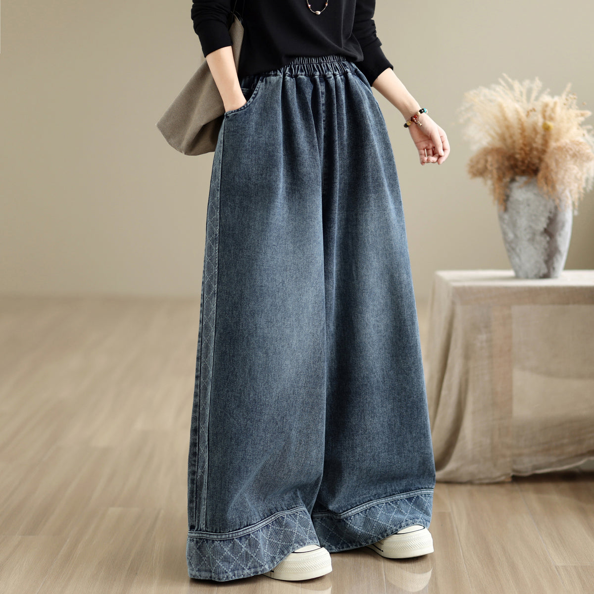 28666-Vintage Denim Wide Leg Palazzo Pants with Elastic Waist & Pockets