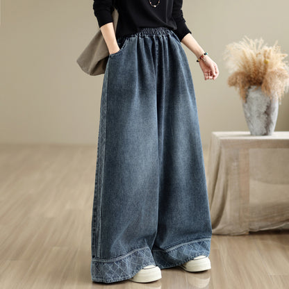 28666-Vintage Denim Wide Leg Palazzo Pants with Elastic Waist & Pockets