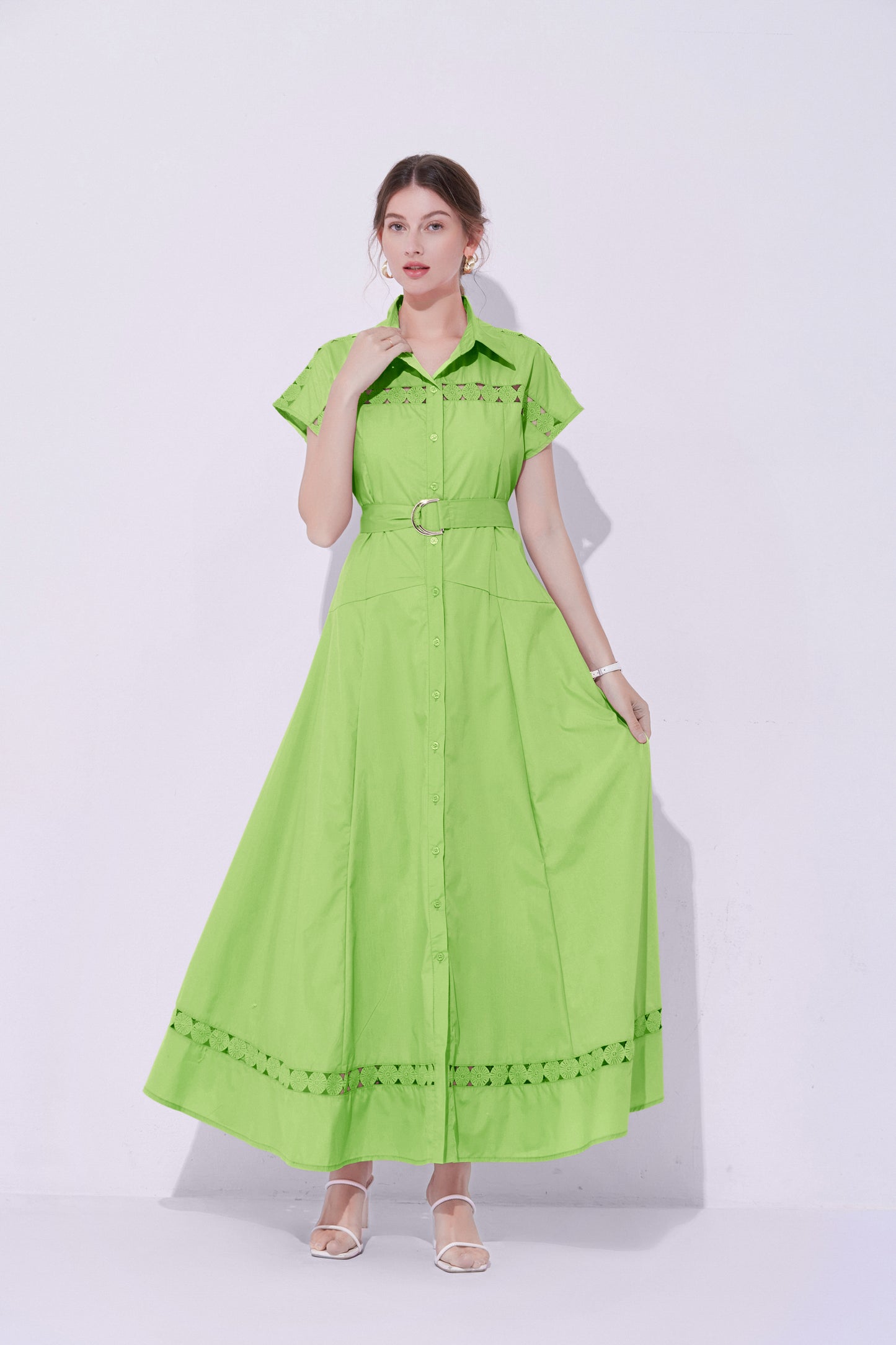 Women's Collar Hollow Cap Sleeve  Maxi Dress