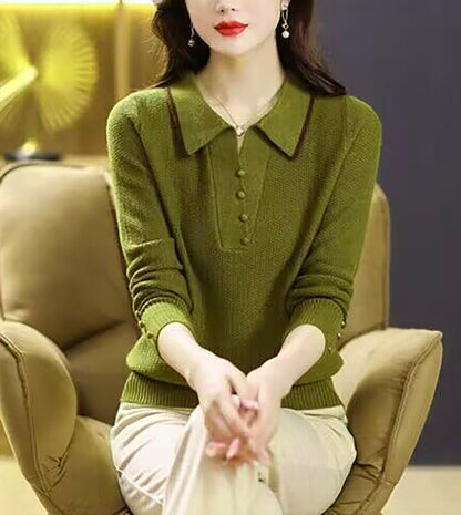 Fine-Knit Polo Top with Contrast Collar & Layered Look Sweater