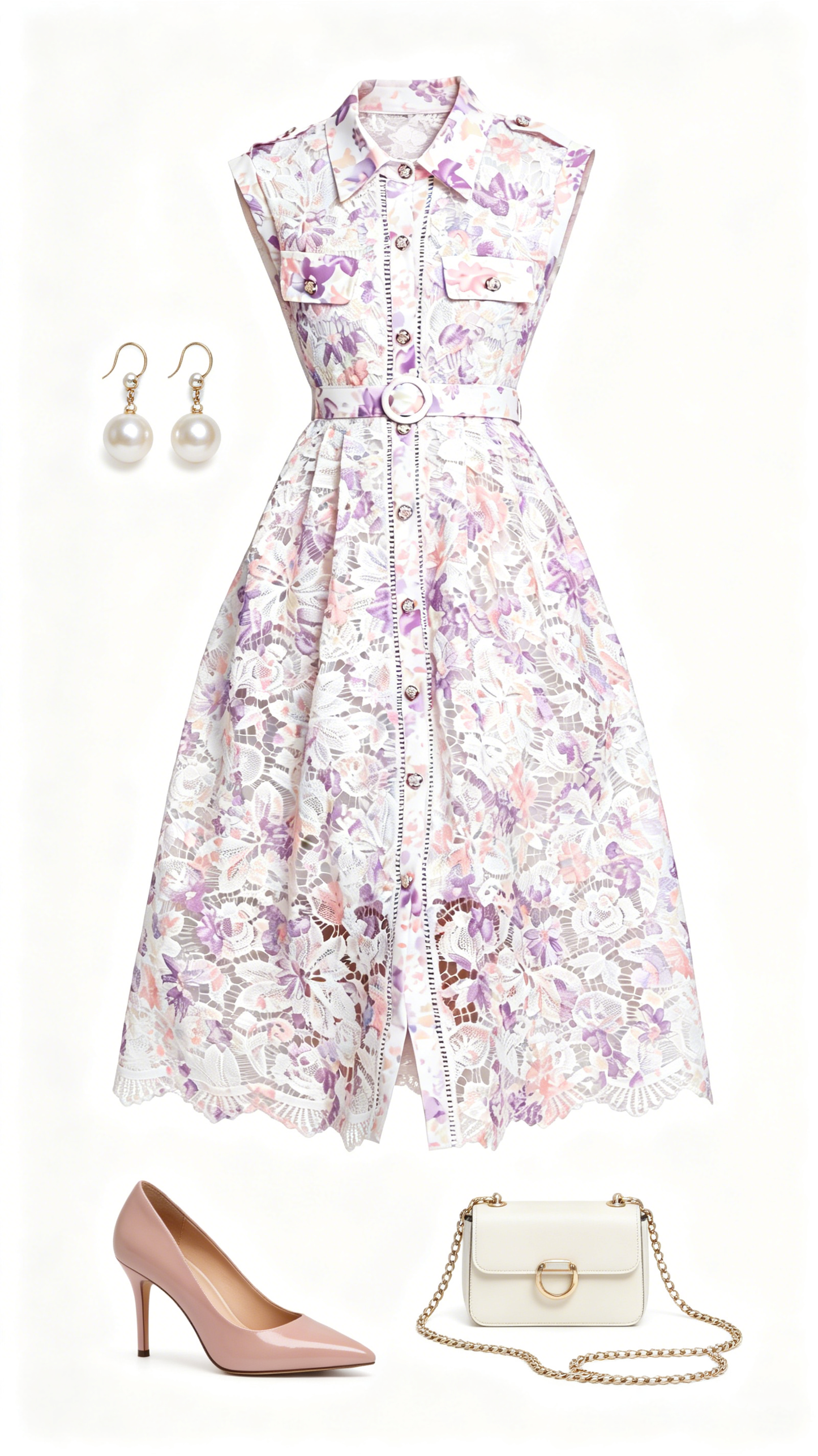 Lavender Floral Lace Midi Dress with Belt – Romantic Date Night Dress