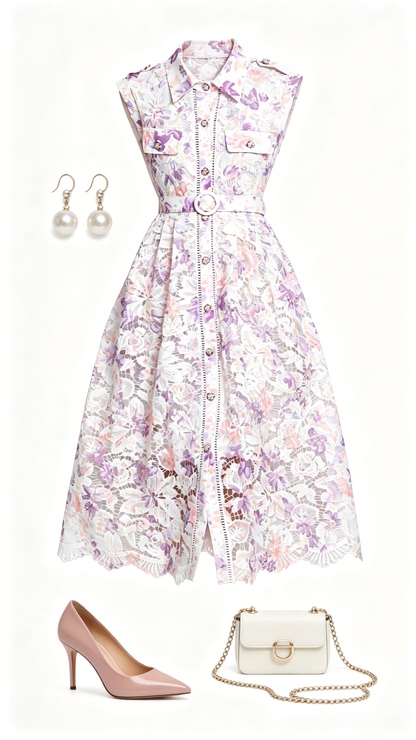Lavender Floral Lace Midi Dress with Belt – Romantic Date Night Dress