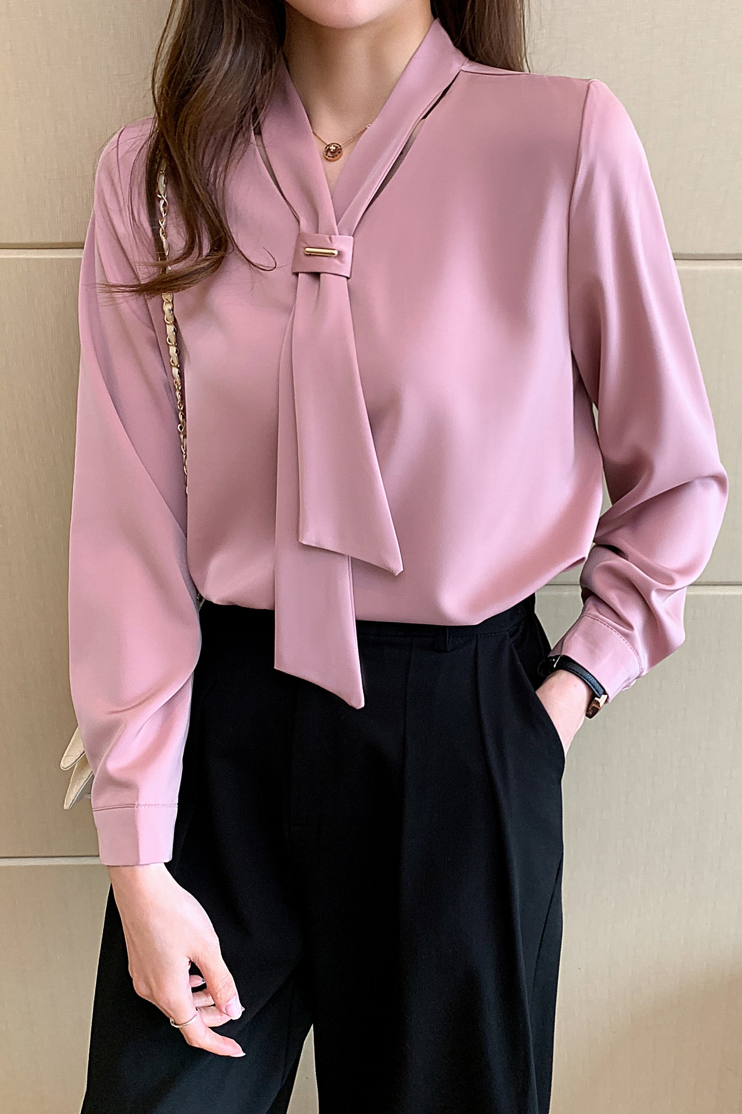 Women's Silk Satin Shirt Tie Neck Long Sleeve Blouse - LAI MENG FIVE CATS