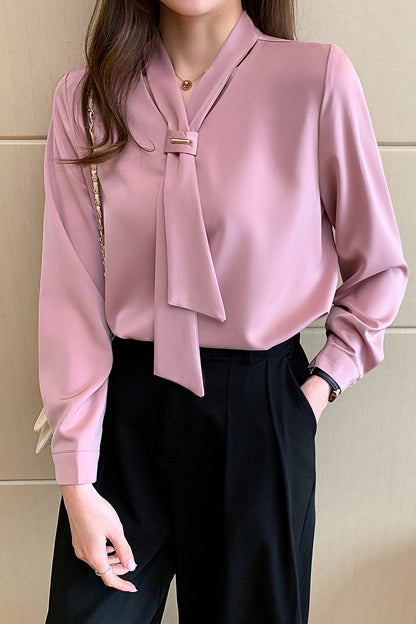 Women's Silk Satin Shirt Tie Neck Long Sleeve Blouse - LAI MENG FIVE CATS