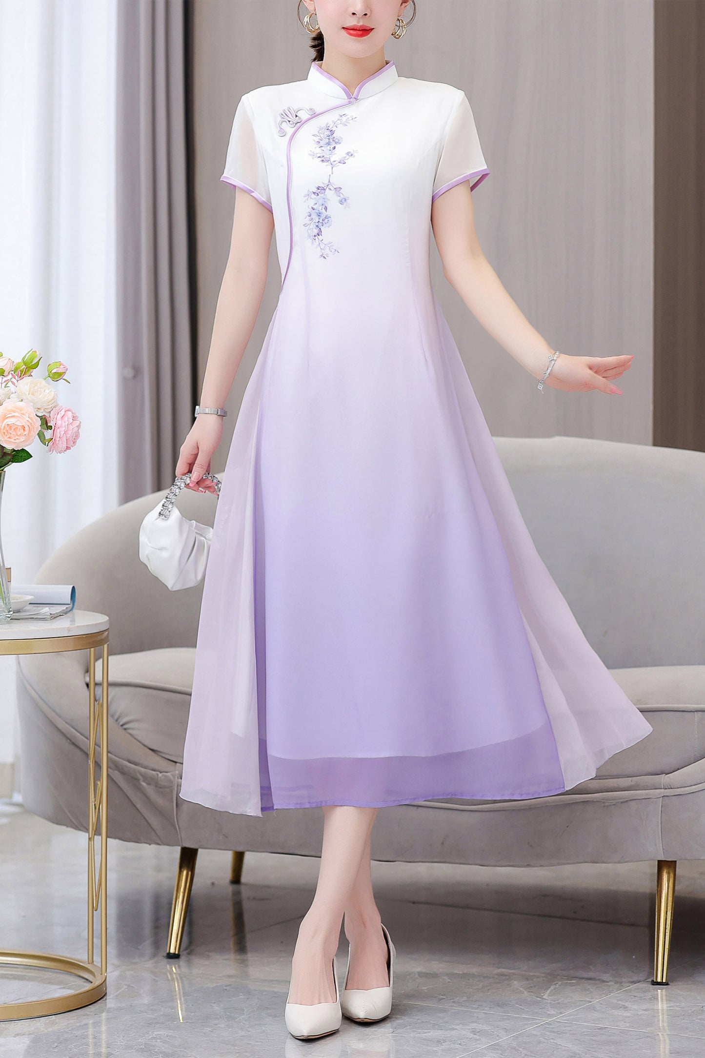 Purple Embroidered Floral Cheongsam Short Sleeves Dress