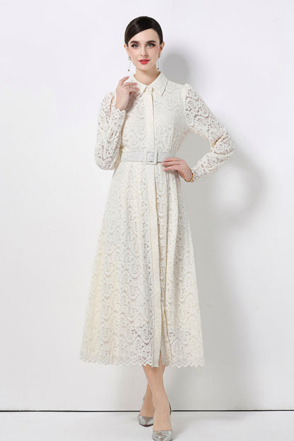 Women's Lapel Collar Floral Lace Button Maxi Dress
