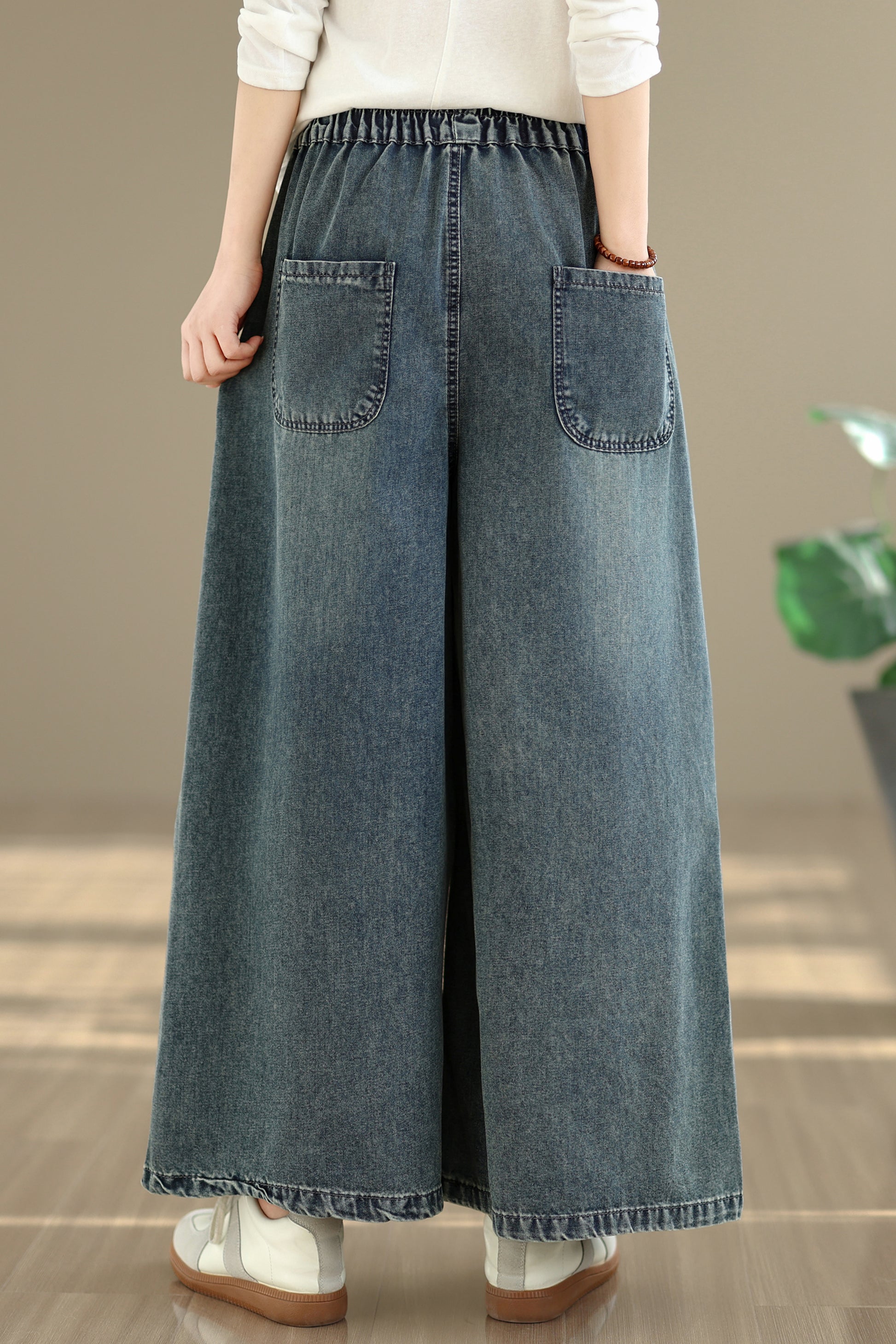 26-Women's Baggy Jeans Embroidery Elastic Waist Denim - LAI MENG FIVE CATS