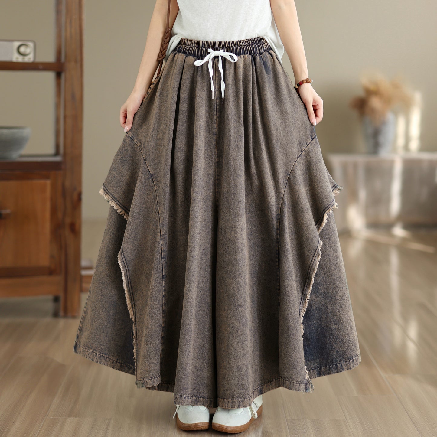 Women Loose Denim Skirt Pants Baggy Elastic Waist Casual Wide Leg Jeans