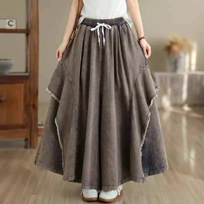 Women Loose Denim Skirt Pants Baggy Elastic Waist Casual Wide Leg Jeans
