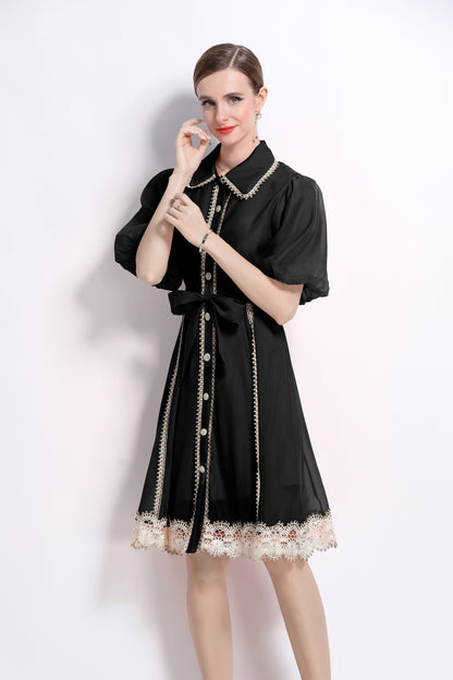 Black Lace Trim Chiffon Dress