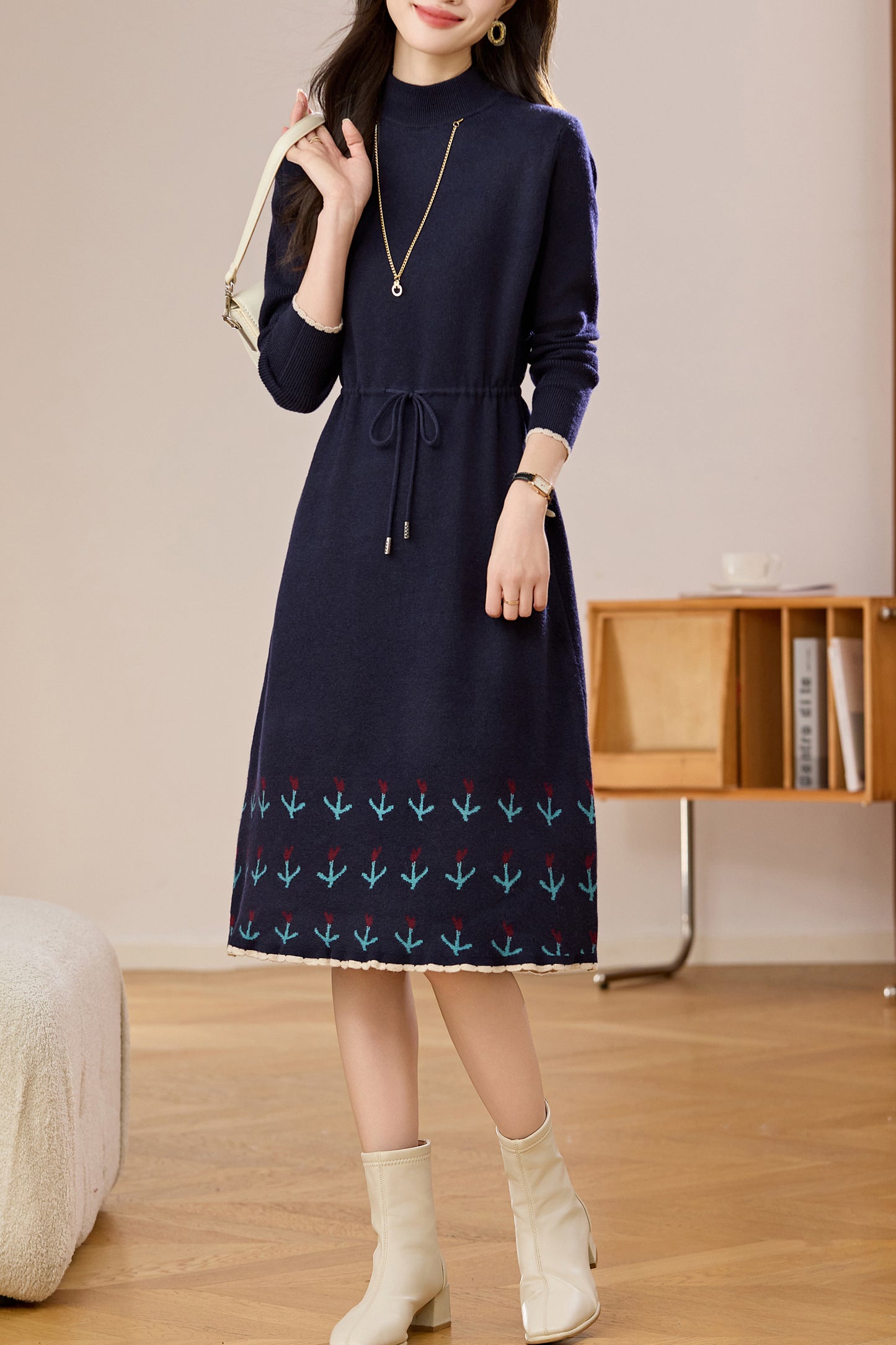 Women's Wool Sweater Drawstring Waist Print Knit Midi Dress