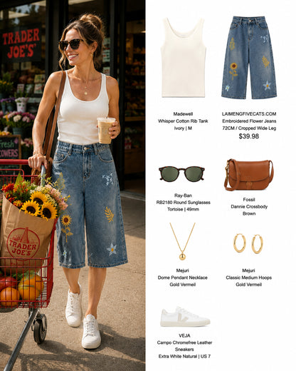 Embroidered Cropped Wide Leg Jeans | Floral Summer Denim