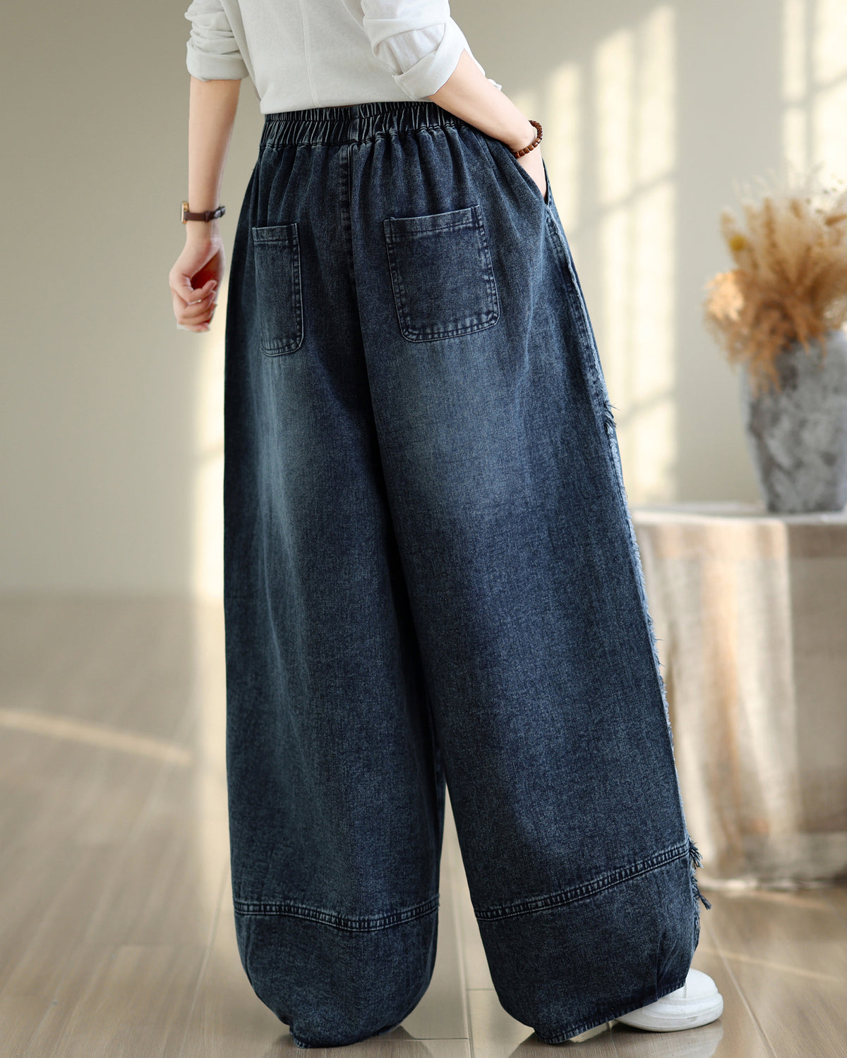 28669-Vintage Denim Wide-Leg Pants with Frayed Hem & Elastic Waist