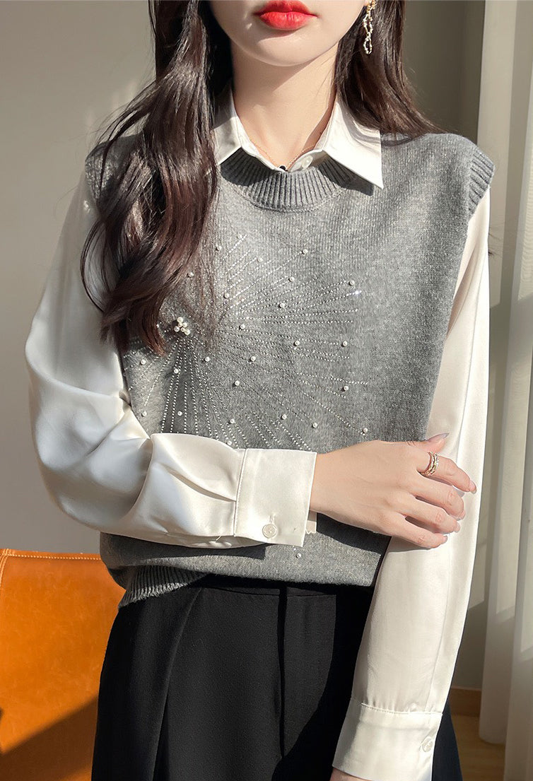 Women's 2 in 1 Round Neck Soft Sweater Top Chic Layering Office Casual