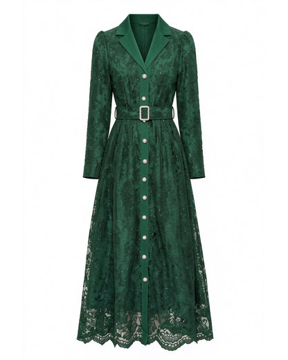 28680-Lace Belted Blazer Dress – Pink & Forest Green | Long Sleeve A-Line Dress