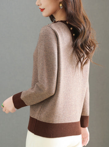 Chic Color-Block Knit Sweater – Asymmetric Neck Pullover Tops