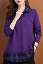 Women's V Neck Plaid Layered Look Knit Pullover Tops