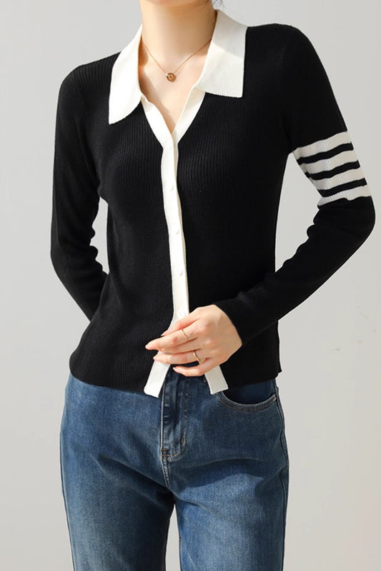 Women's Lapel V Neck Striped Cardigan Knit Blouse