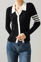 Women's Lapel V Neck Striped Cardigan Knit Blouse
