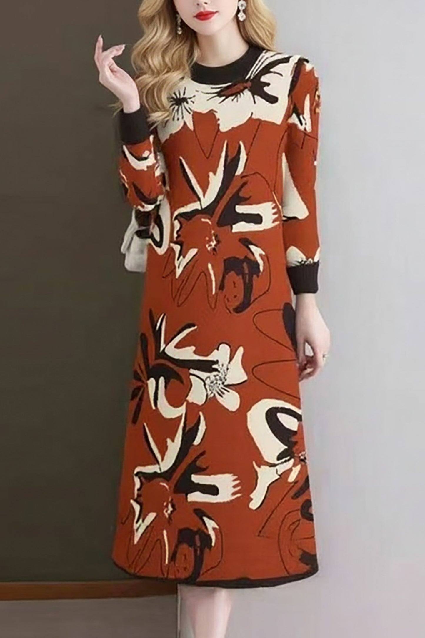 Women's Turtleneck Print Pullover Sweater Midi Dress