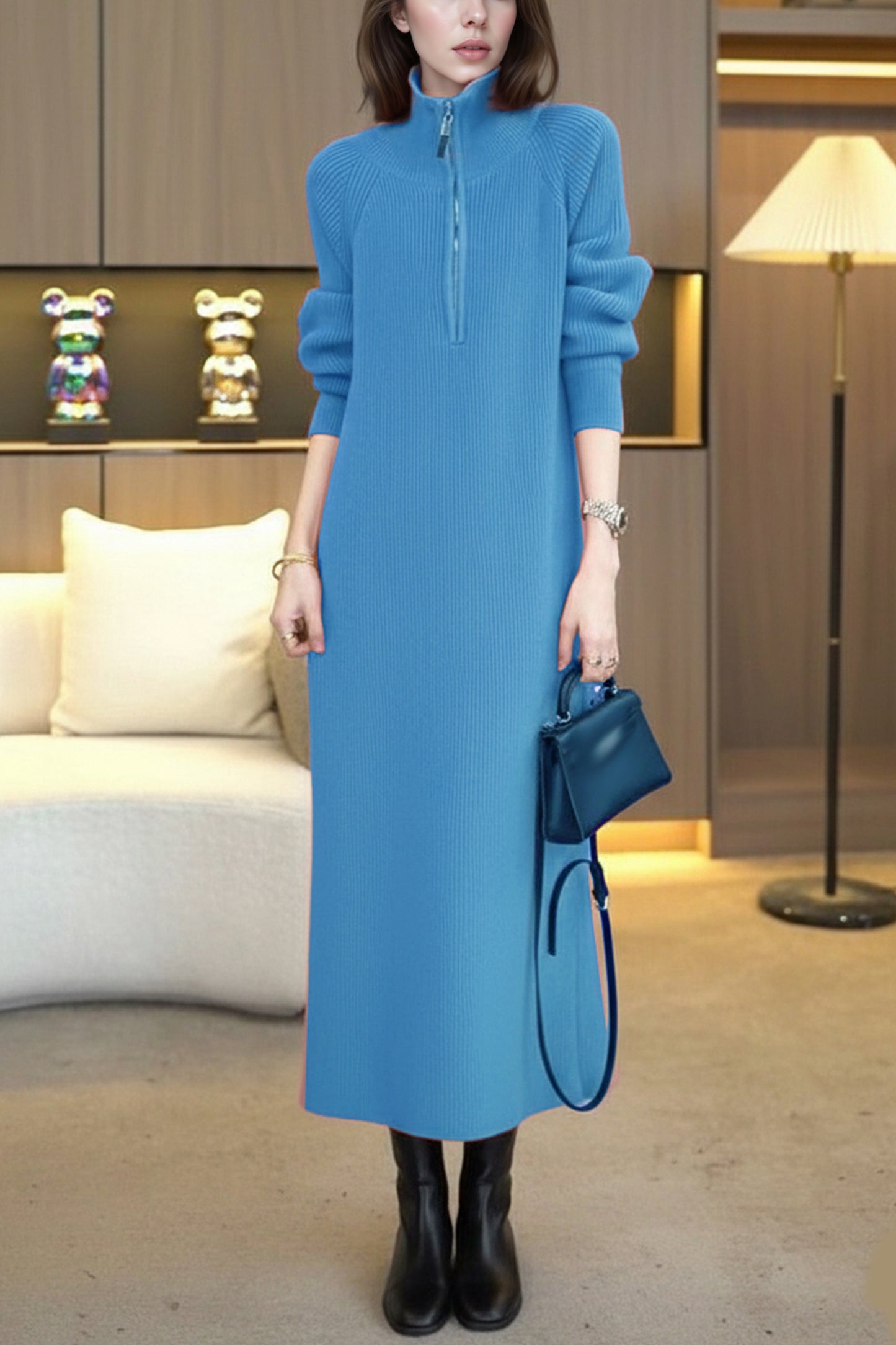 Women's Knit Long Sleeve Quarter Zip Sweater Maxi Dress