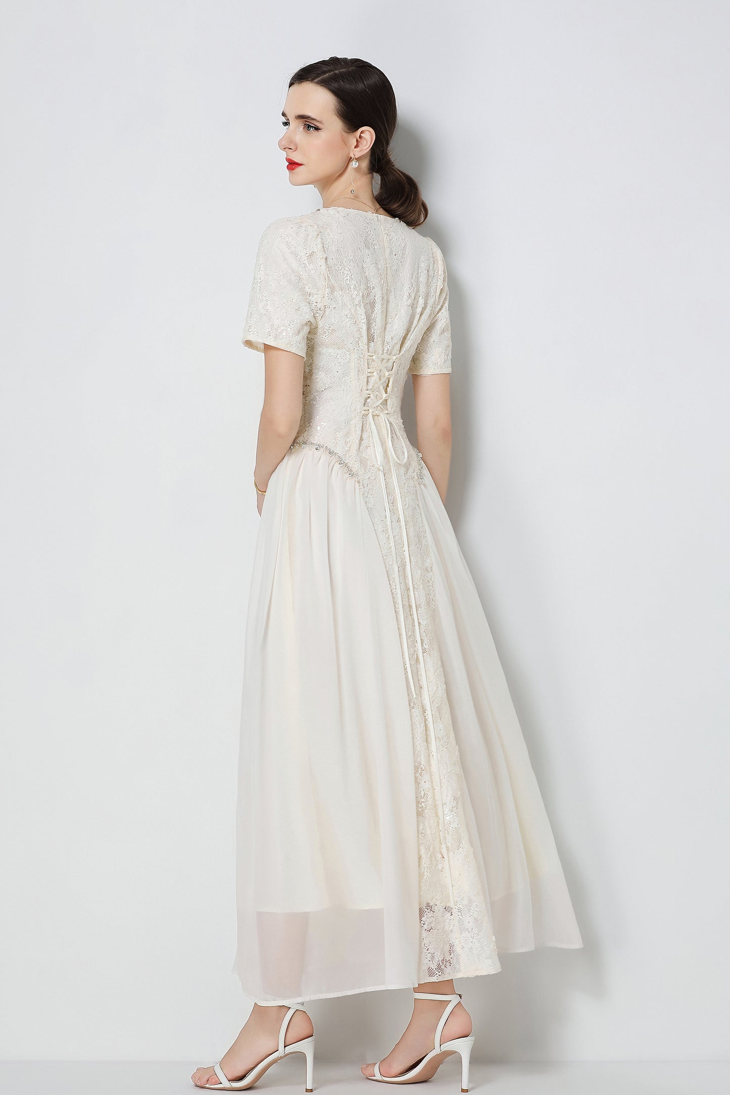 Effortlessly Short Sleeve Beading Lace & Chiffon Maxi Dress