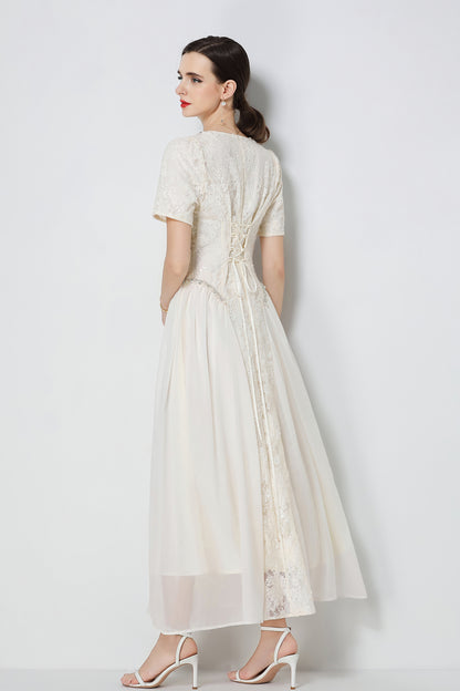 Effortlessly Short Sleeve Beading Lace & Chiffon Maxi Dress