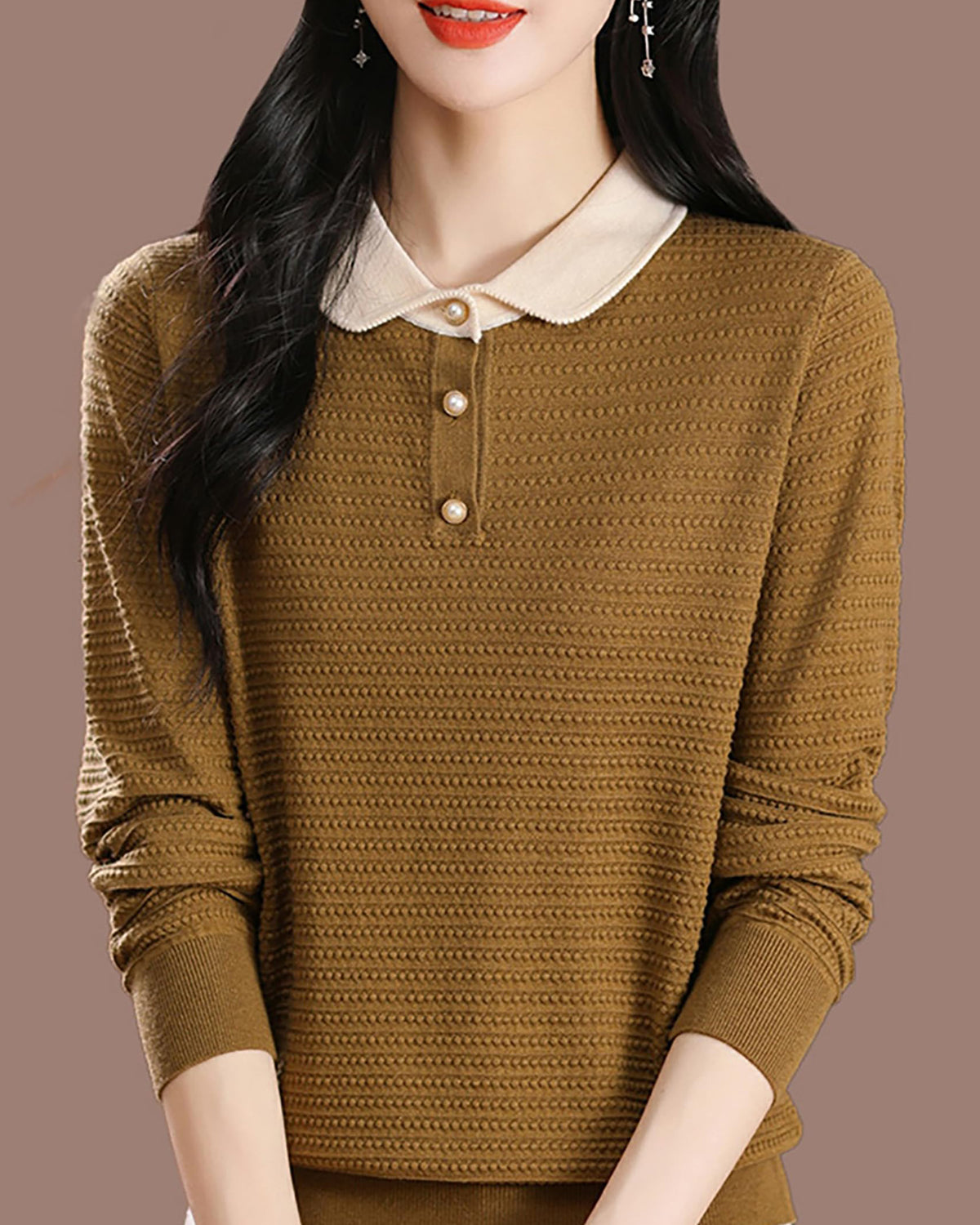 Long-Sleeve Knit Top — Polo Sweater Contrast Collar & Pearl Buttons