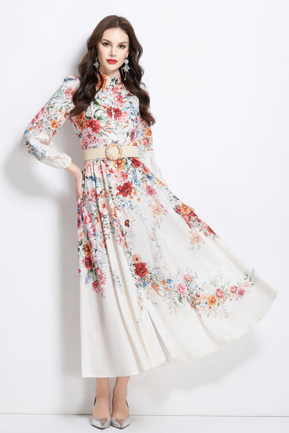 Women's Floral Print Lantern Sleeve Slit Maxi Dress