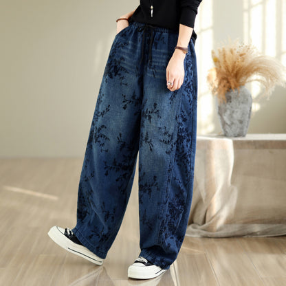 28671-Vintage Floral Print Denim Wide Leg Pants with Drawstring Waist
