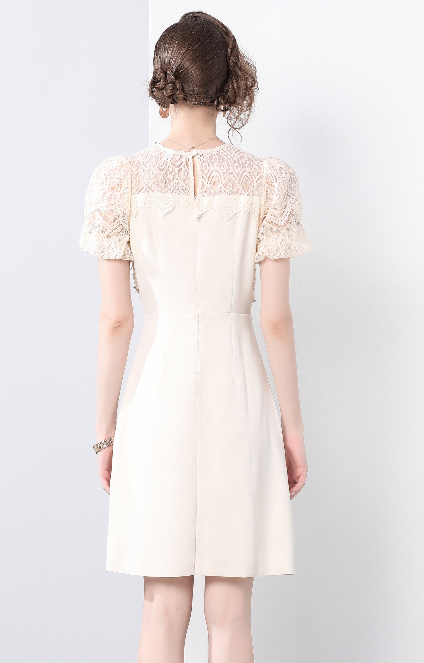 Ivory Beaded Lace Puff Sleeve Dress