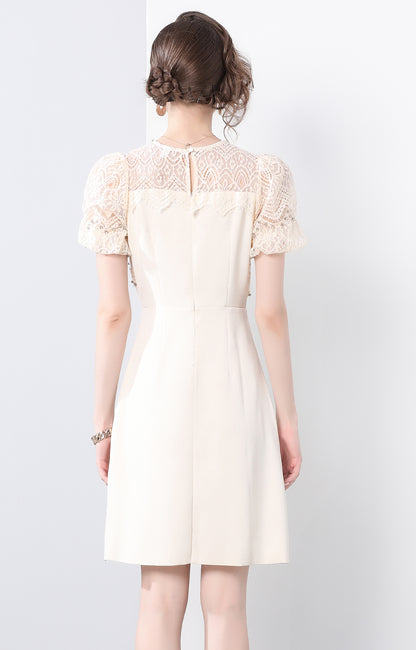 Ivory Beaded Lace Puff Sleeve Dress