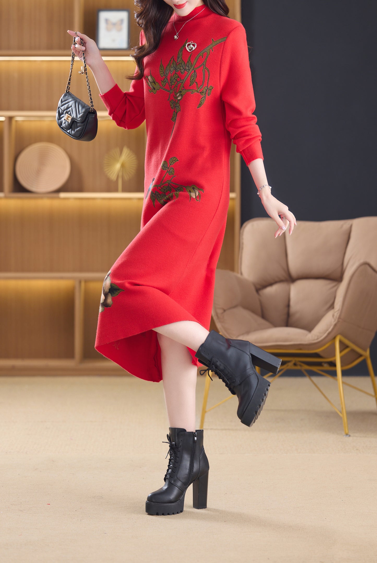 Women's Turtleneck Sweater Long Sleeve Red Dress