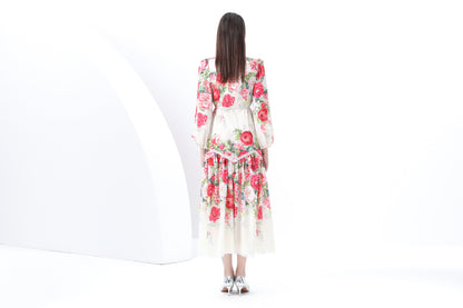 Women's V-Neck Lantern Sleeve Floral Print Maxi Dress